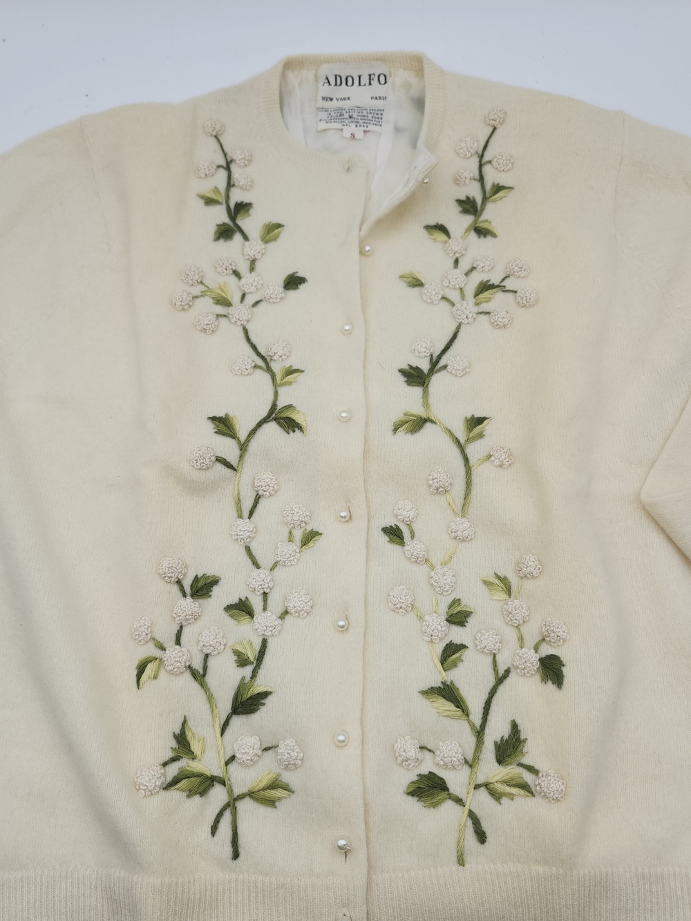 Vintage Adolfo Cream Embroidered Floral Cardigan Jacket Lambswool Angora